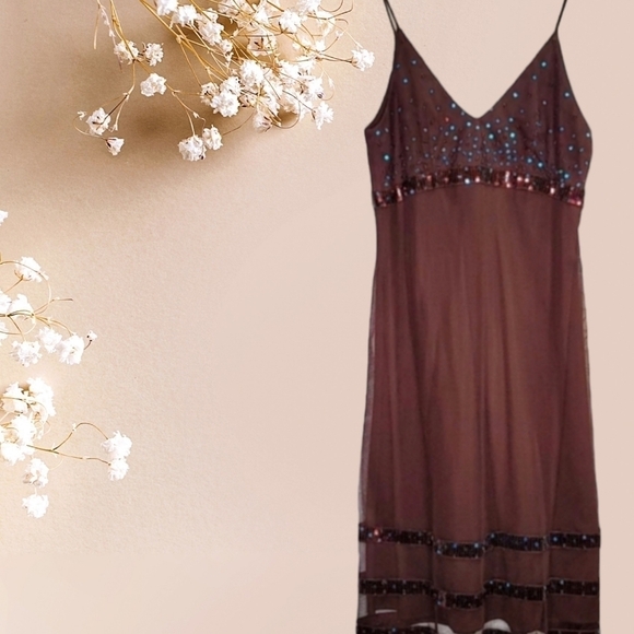 Flip! Brown Medi Spaghetti strap dress embellished w blue sequins size 3/4 NWT - Picture 1 of 12